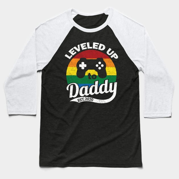 Funny New Dad 2020, Pregnancy Reveal, Gamer Dad Level Up graphic Baseball T-Shirt by Blue Zebra
